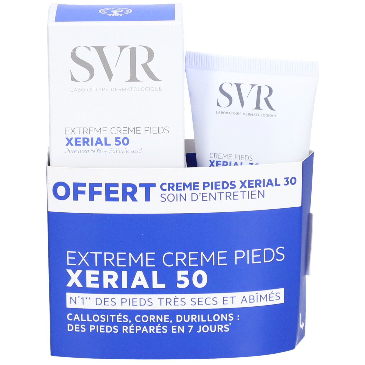 SVR Promopack: Crema piedi Xerial 50 Extreme e trattamento piedi Xerial 30. Vista frontale.