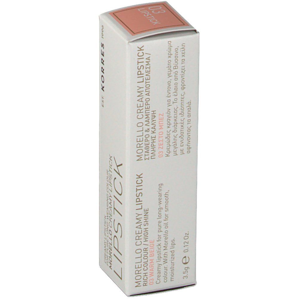 Confezione rossetto Korres 03. Scatola bianca con nome del prodotto, colore e ingredienti. Colore beige del rossetto sulla parte superiore.