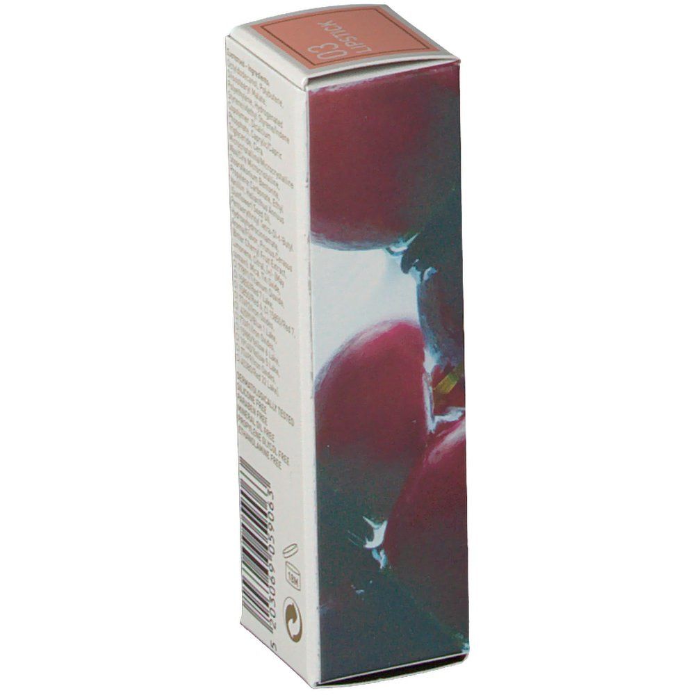 Confezione rossetto Korres 03. Scatola bianca con immagine del prodotto e testo. Vista posteriore con codice a barre.