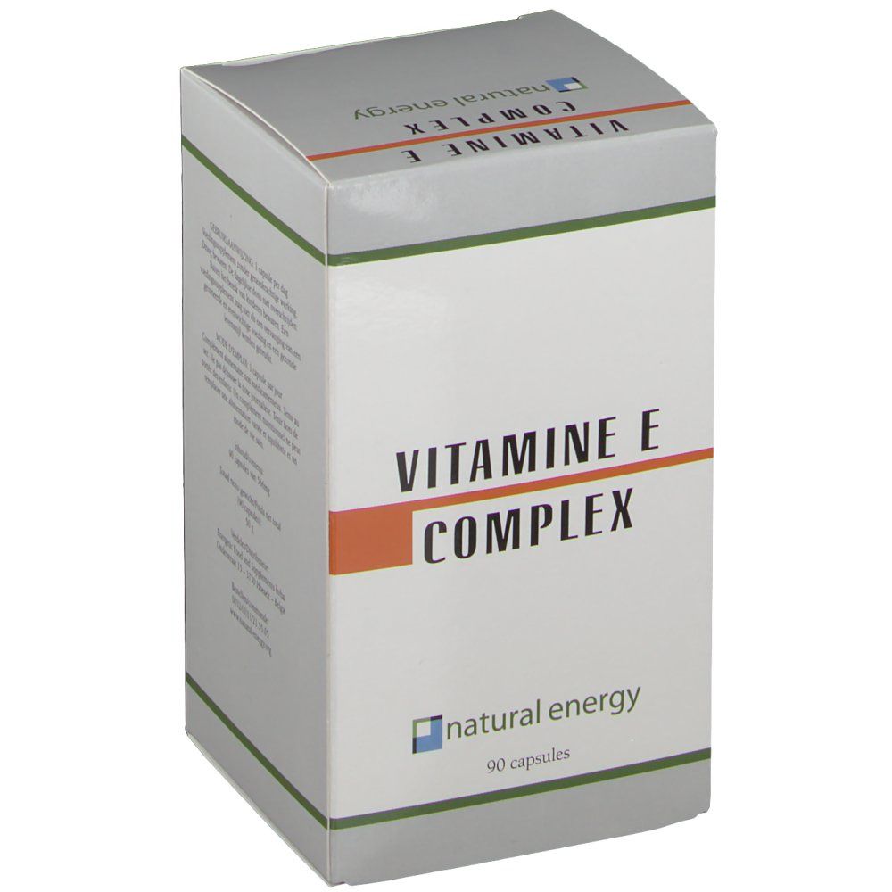 Scatola "VITAMINE E COMPLEX". Logo "natural energy" e "90 capsules". Vista angolata. Linea orizzontale arancione.