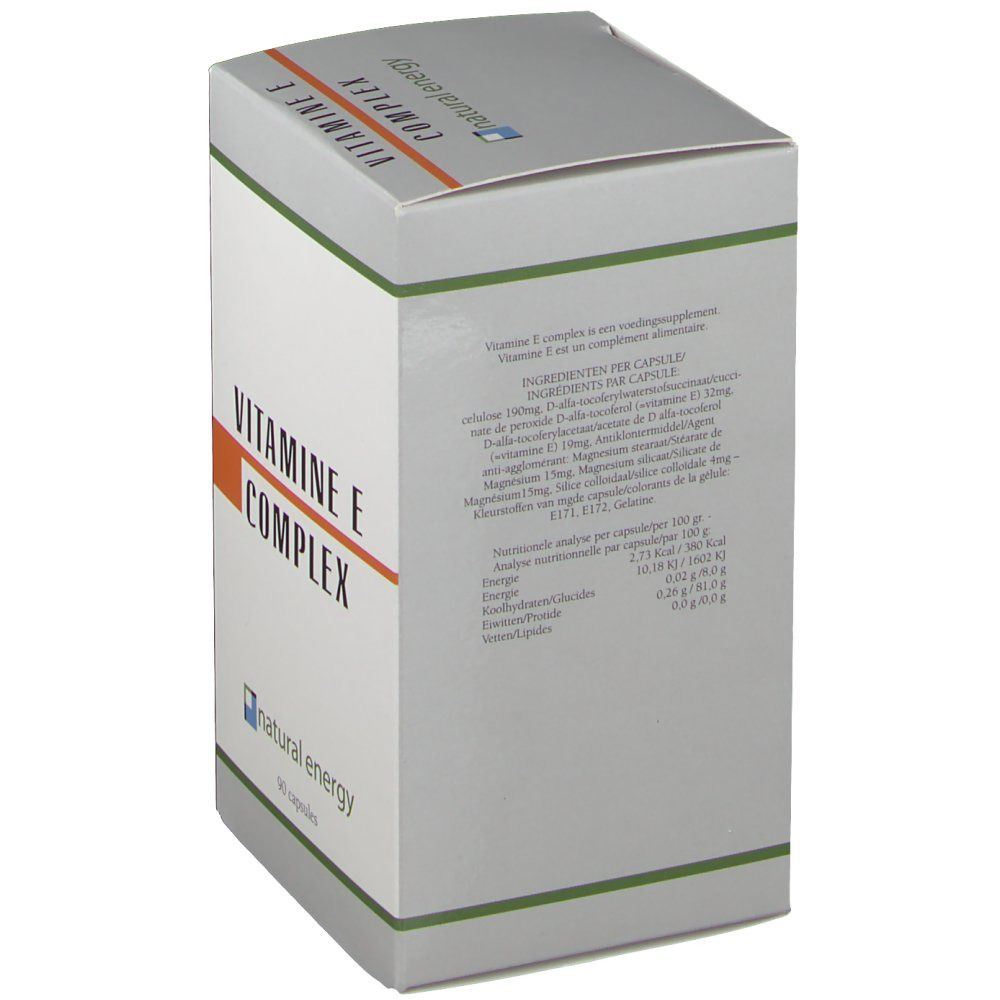 Retro della scatola "VITAMINE E COMPLEX". Testo con ingredienti e informazioni nutrizionali. Logo "natural energy".