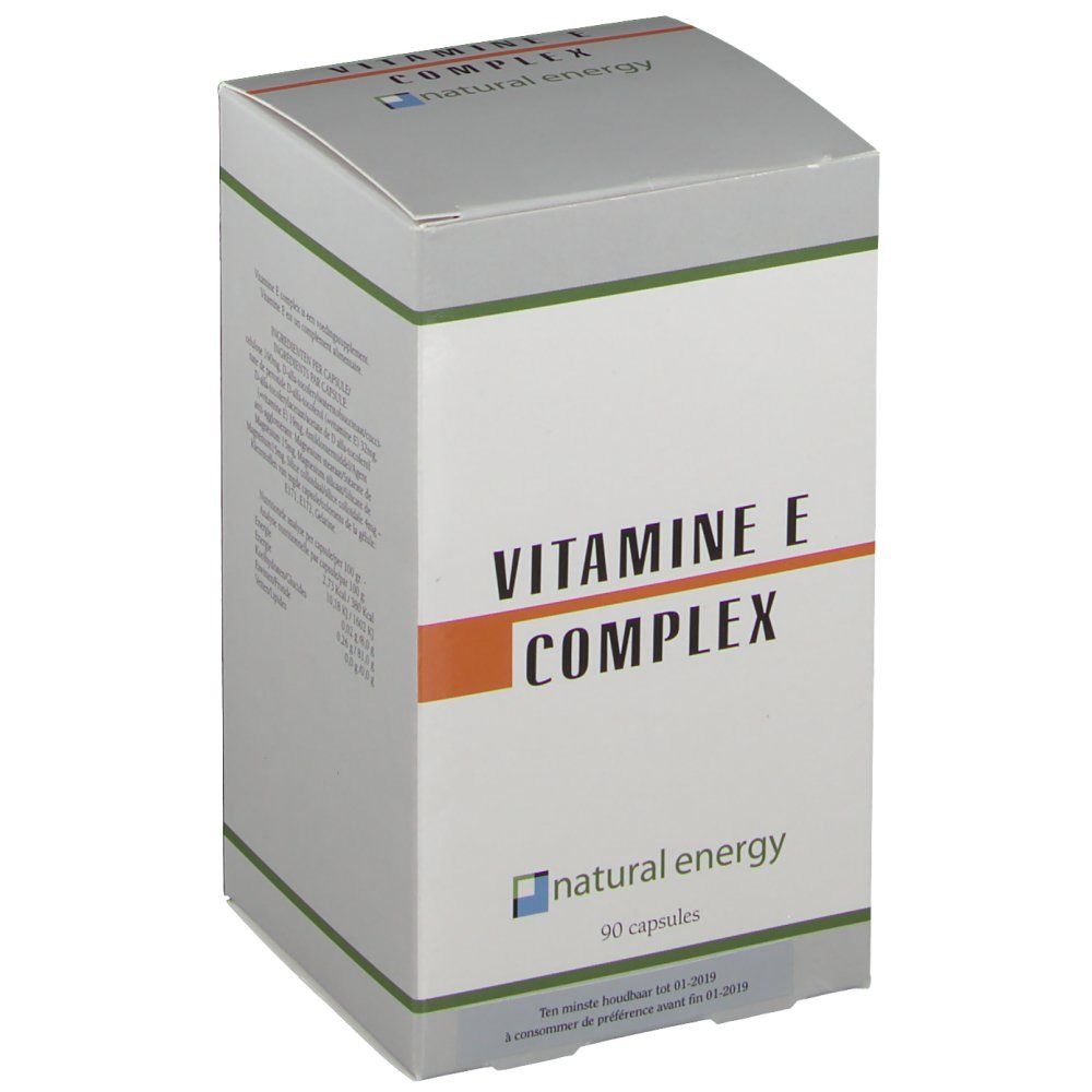 Scatola "VITAMINE E COMPLEX". Logo "natural energy" e "90 capsules". Vista angolata. Linea orizzontale arancione.
