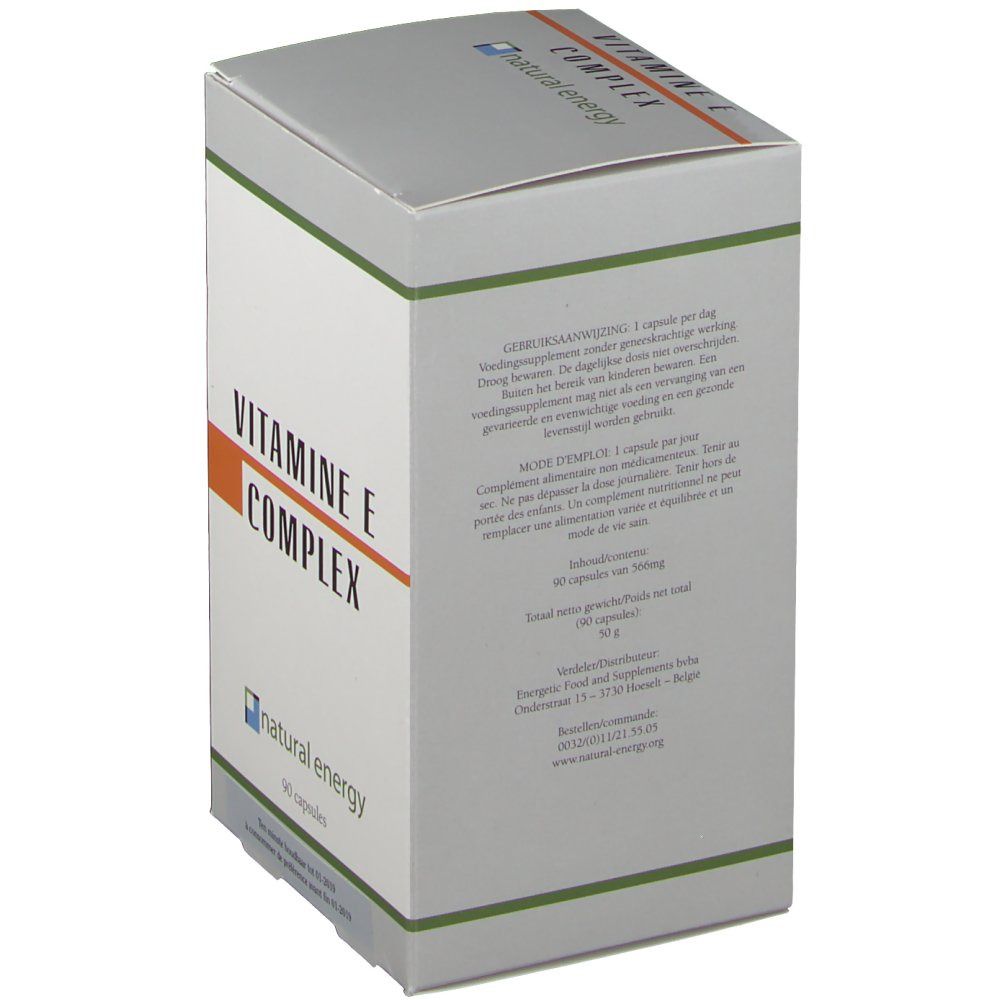 Retro della scatola "VITAMINE E COMPLEX". Testo con istruzioni per l'uso. Logo "natural energy".