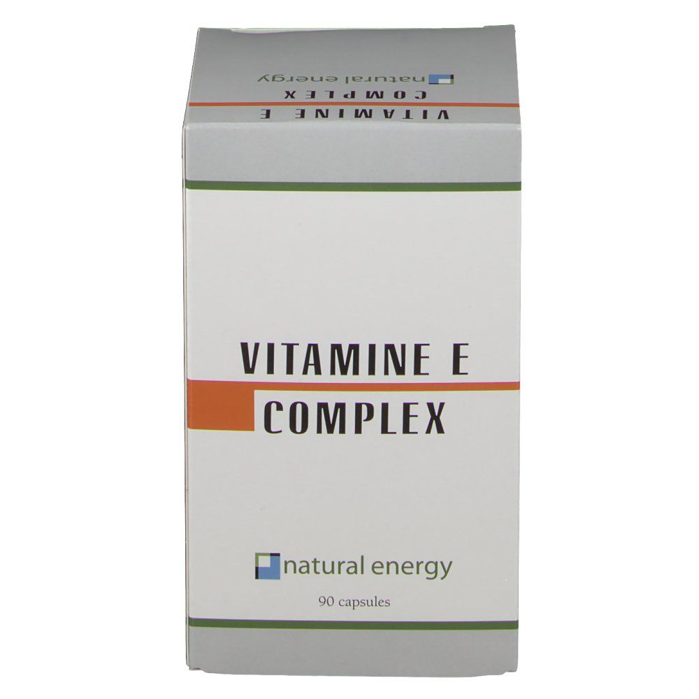 Scatola "VITAMINE E COMPLEX". Logo "natural energy" e "90 capsules". Linea orizzontale arancione.