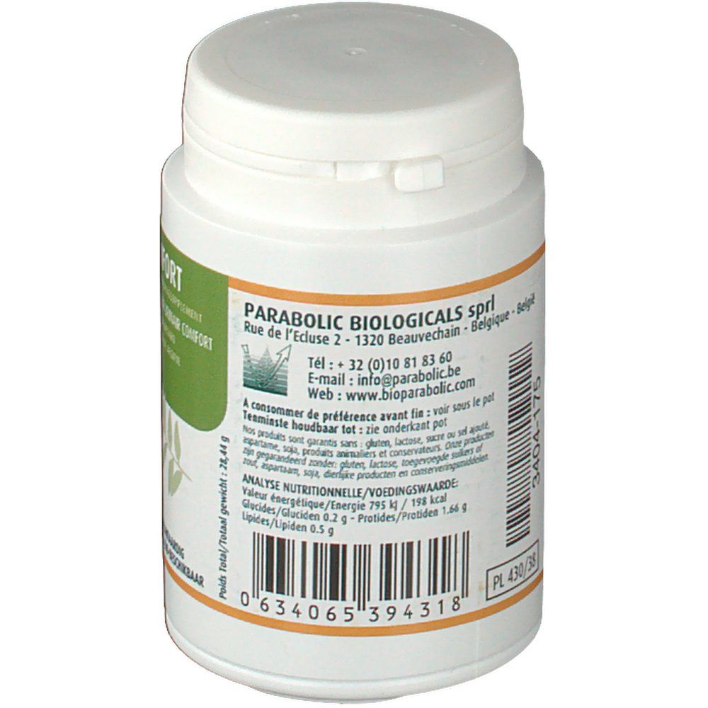 Retro del flacone bianco. Etichetta con informazioni sugli ingredienti, valori nutrizionali e indirizzo del produttore.