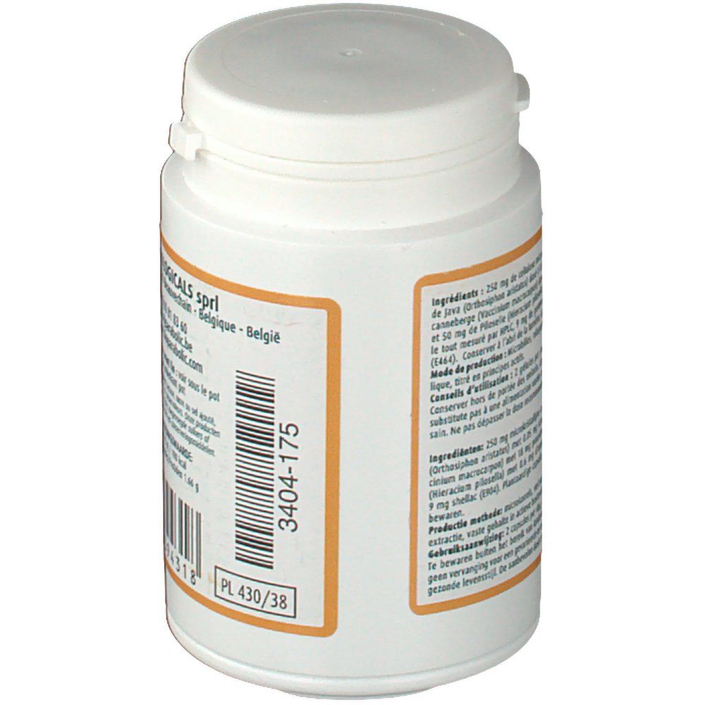 Flacone bianco con etichetta arancione. Codice a barre e numero di lotto. Informazioni sugli ingredienti.