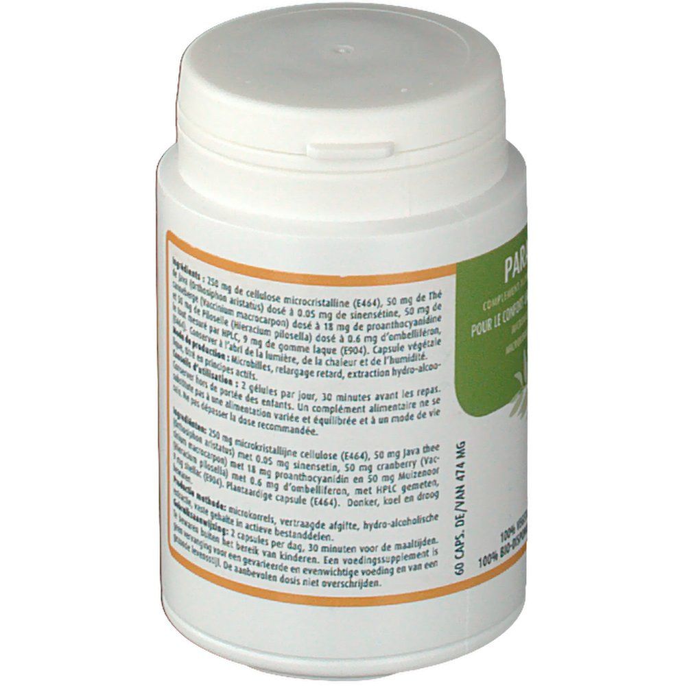 Flacone bianco con etichetta verde. Contiene informazioni sugli ingredienti e istruzioni per l'uso.