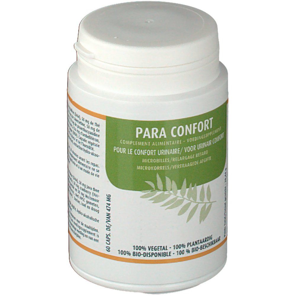 Flacone bianco con etichetta verde. Scritta: Para Confort. Contiene 60 capsule. 100% vegetale.