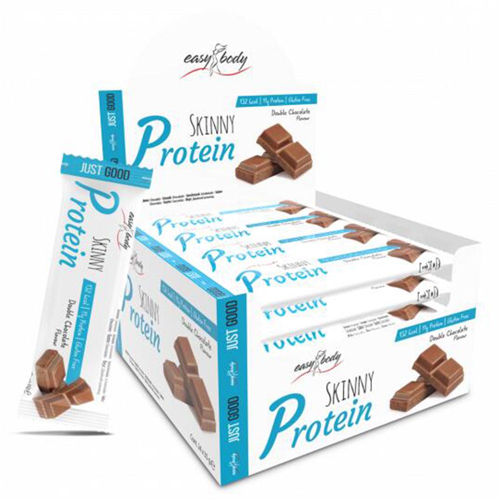 Confezione di barrette proteiche. Singola barretta e scatola con Skinny Protein, gusto Double Chocolate.