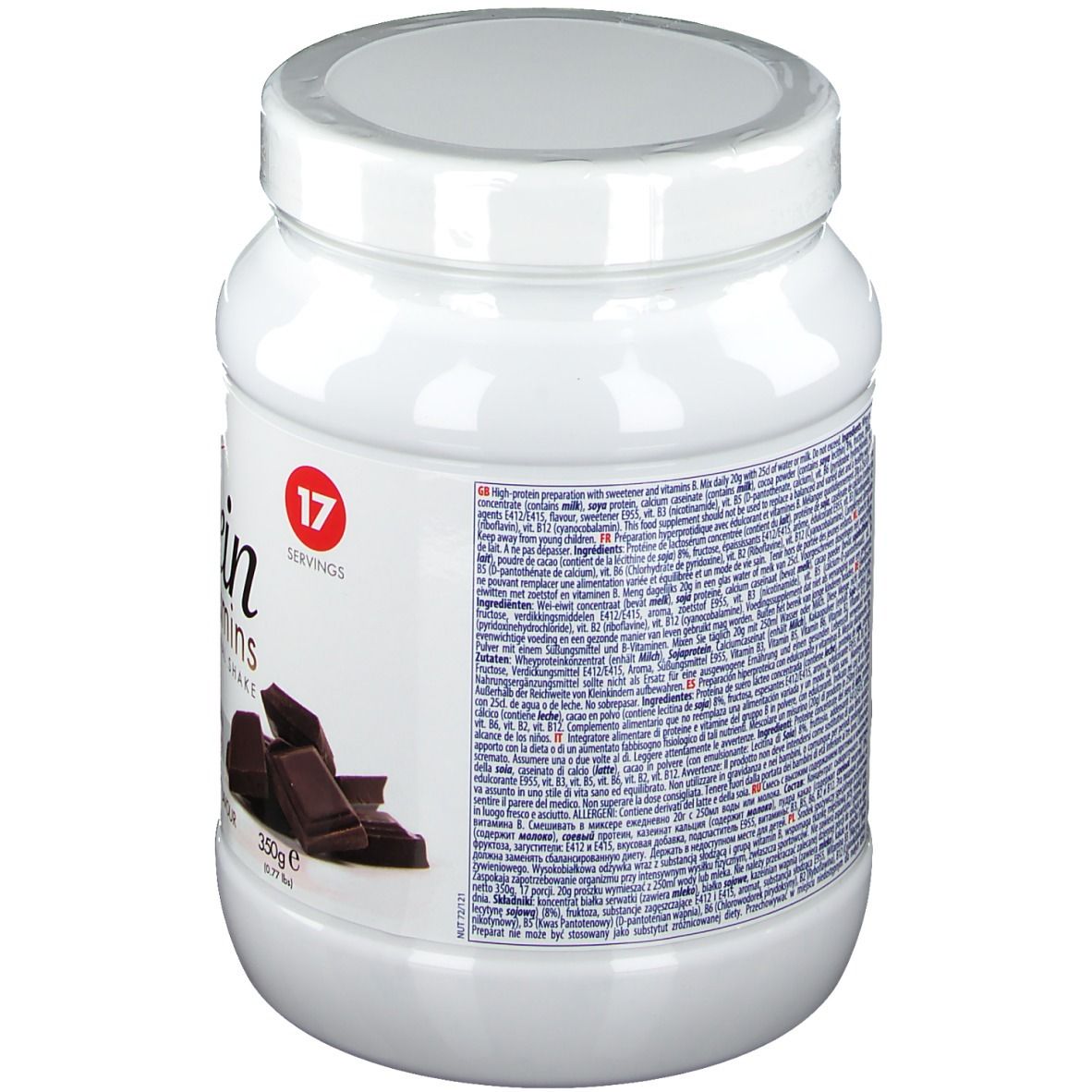 Barattolo bianco con coperchio. Retro con testo multilingue. Immagine di pezzi di cioccolato. 17 porzioni.