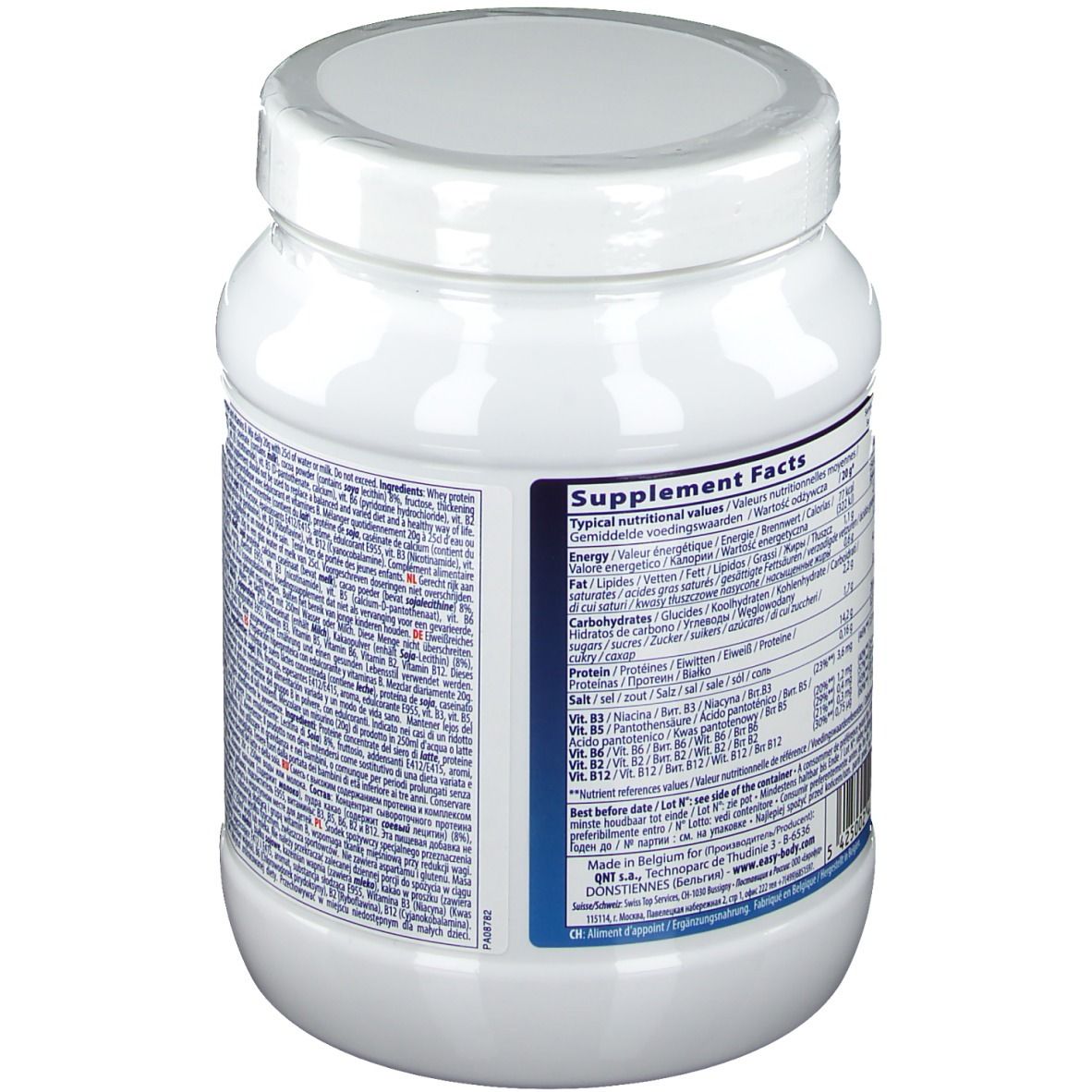 Barattolo bianco con coperchio. Retro con informazioni nutrizionali multilingue. Testo: Supplement Facts.