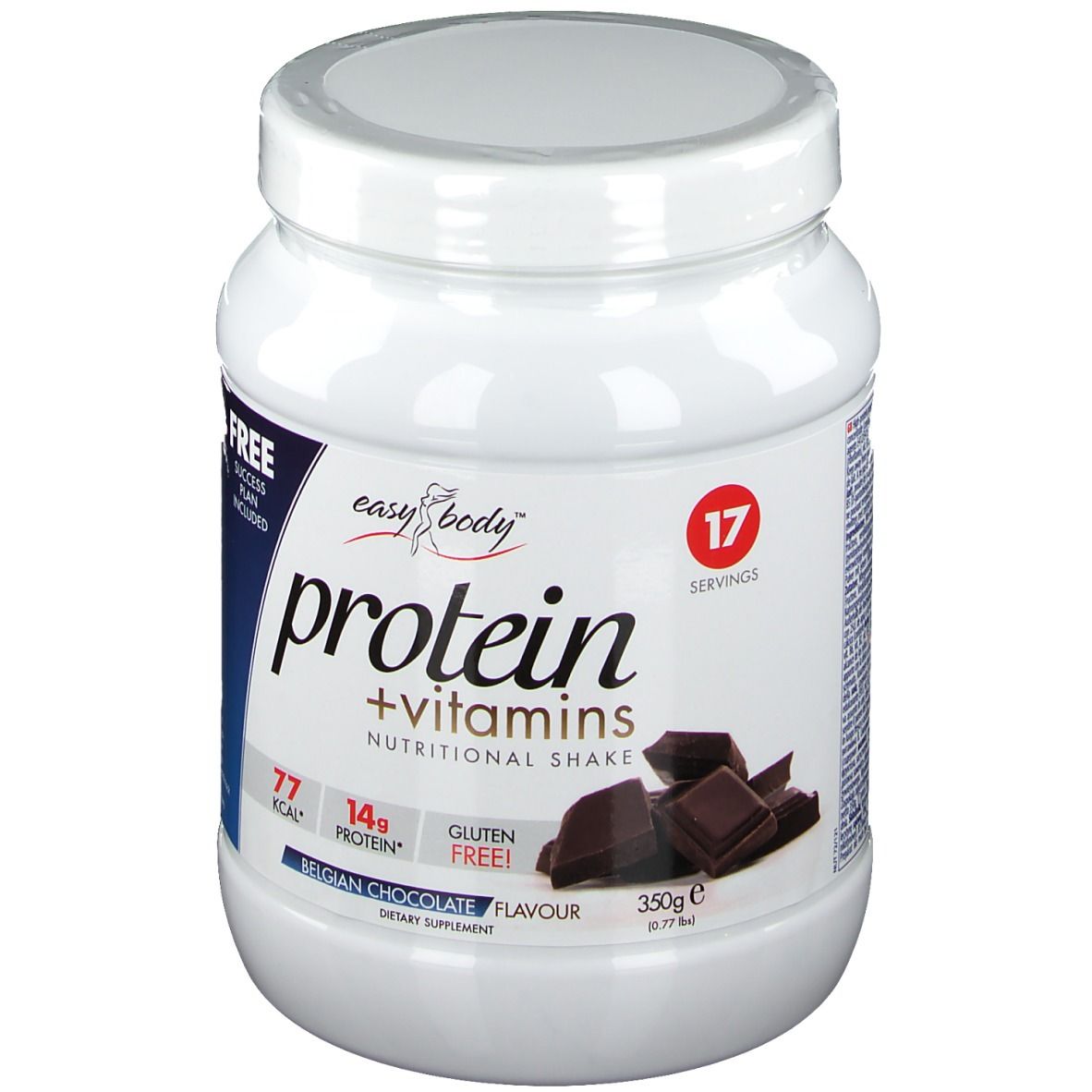 Barattolo bianco con coperchio. Scritta: Proteine + vitamine, 17 porzioni, 77 kcal, 14g proteine, senza glutine. Cioccolato belga.