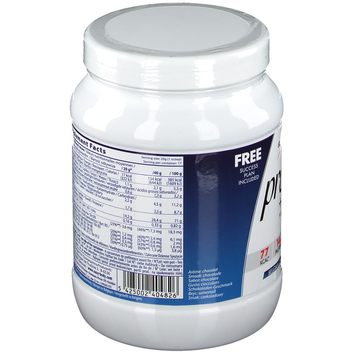 Barattolo bianco con coperchio. Retro con informazioni nutrizionali e testo multilingue. Testo: Supplement Facts.