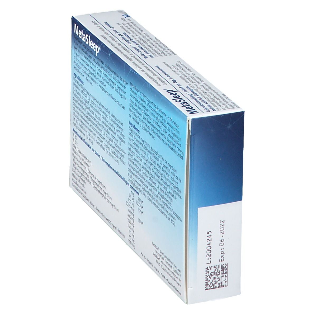 Retro confezione MetaSleep. Ingredienti e informazioni nutrizionali. Scatola blu.