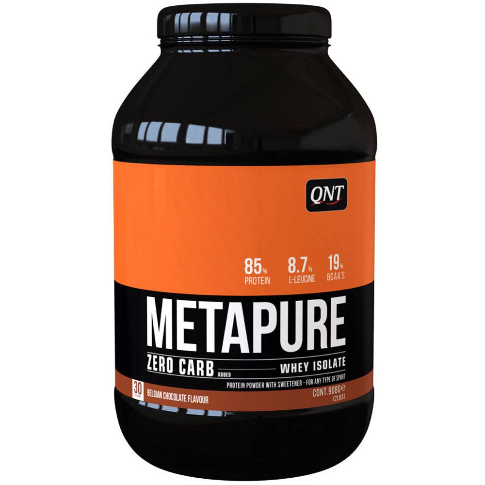Barattolo nero con etichetta arancione. Scritta: METAPURE Zero Carb, Whey Isolate. Gusto cioccolato belga.