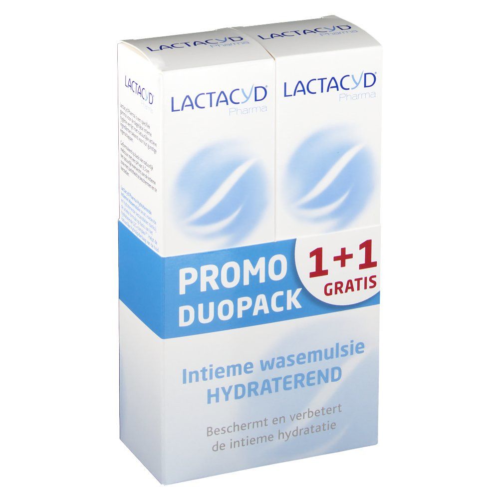 Confezione LACTACYD Pharma Duopack. Testo "PROMO DUOPACK 1+1 GRATIS" e "Intieme wasemulsie HYDRATEREND".