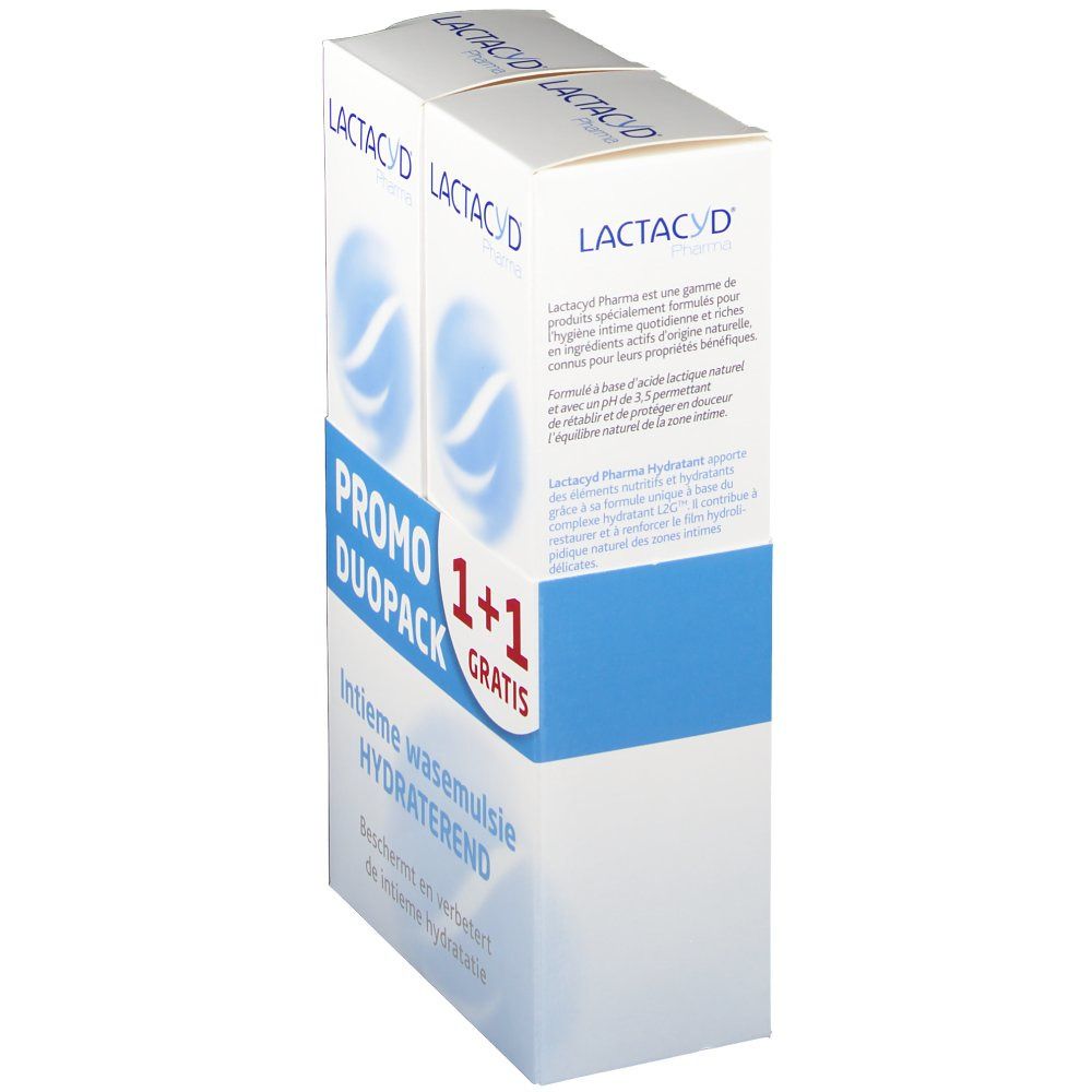 Confezione LACTACYD Pharma Duopack. Testo "PROMO DUOPACK 1+1 GRATIS" e "Intieme wasemulsie HYDRATEREND".