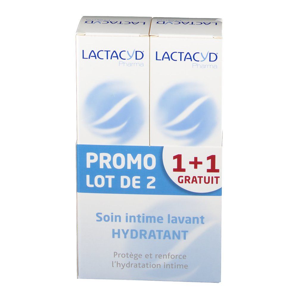 Confezione LACTACYD Pharma. Testo "PROMO LOT DE 2 1+1 GRATUIT" e "Soin Intime lavant HYDRATANT".