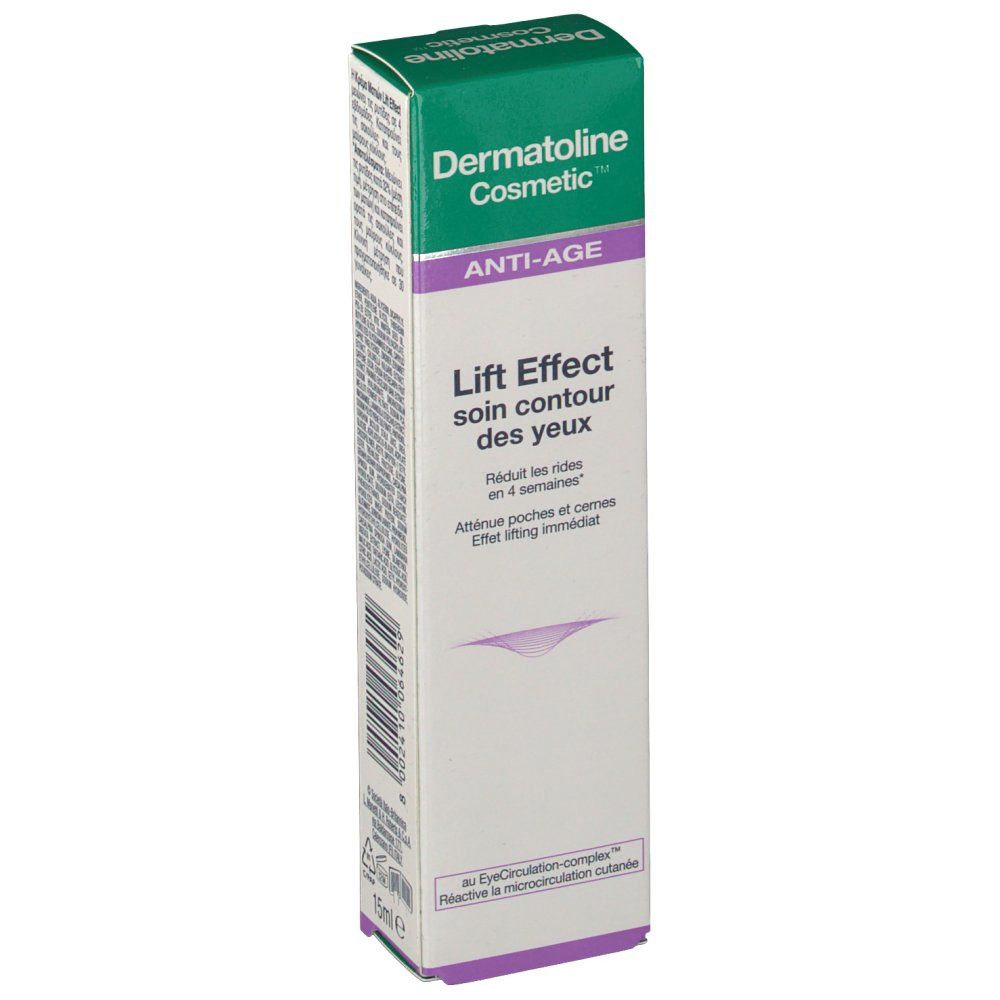 Confezione Dermatoline Cosmetic. Testo: Lift Effect Soin Contour des Yeux. Anti-Age. Riduce le rughe in 4 settimane. Scatola bianca e verde.
