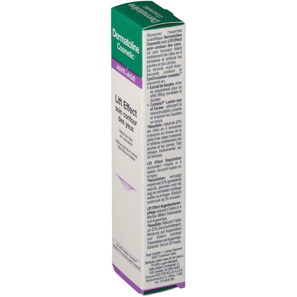 Confezione Dermatoline Cosmetic. Testo: Lift Effect Soin Contour des Yeux. Anti-Age. Riduce le rughe in 4 settimane. Scatola bianca e verde.