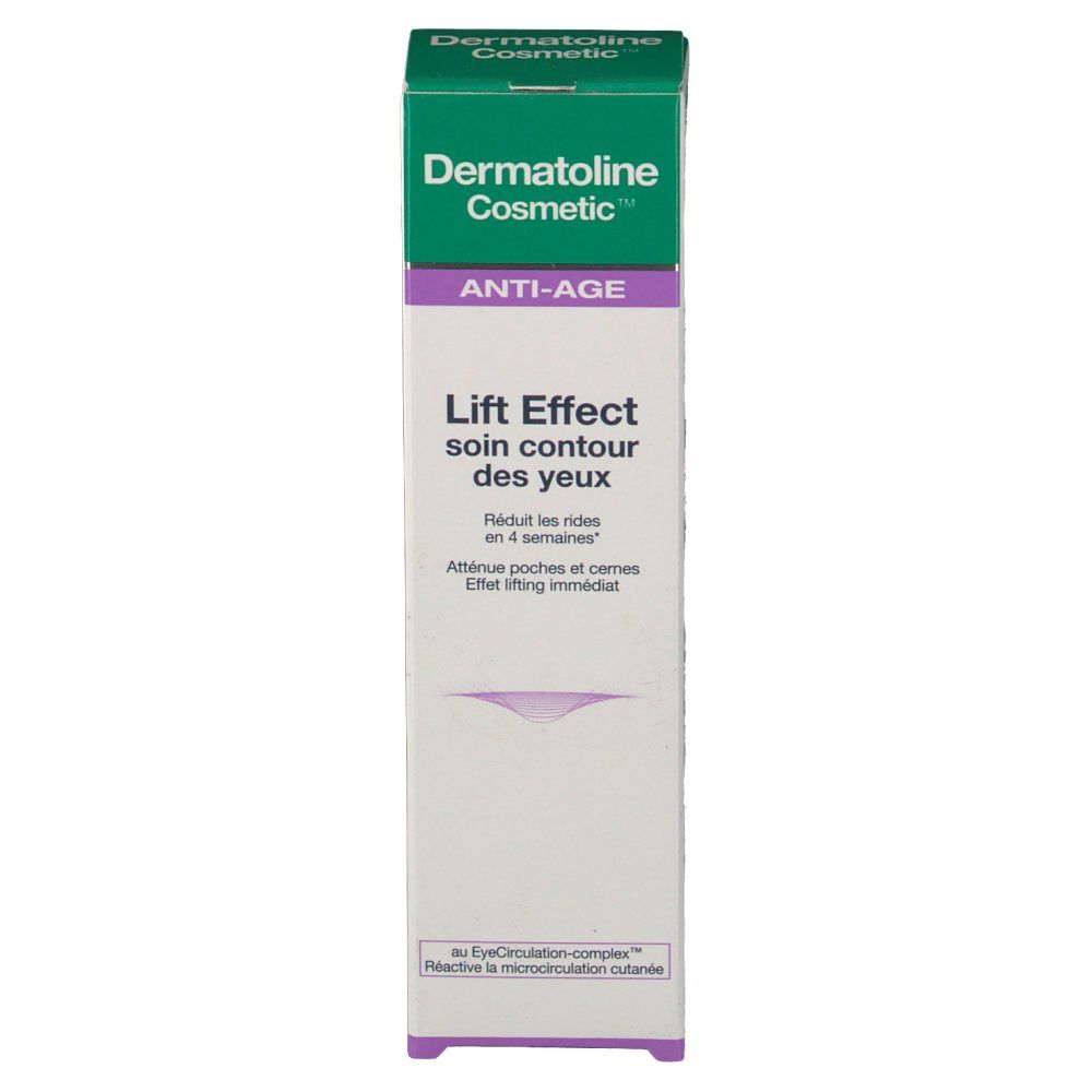 Confezione Dermatoline Cosmetic. Testo: Lift Effect Soin Contour des Yeux. Anti-Age. Riduce le rughe in 4 settimane. Scatola bianca e verde.