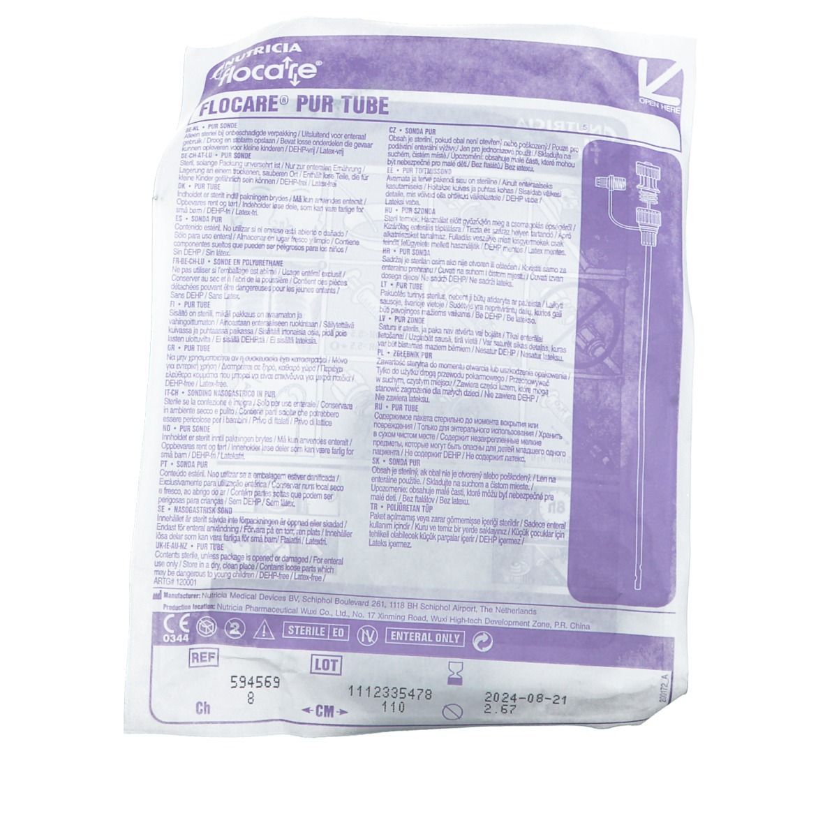 Retro della confezione della sonda Flocare® Pur. Nome prodotto, numero di lotto, scadenza.