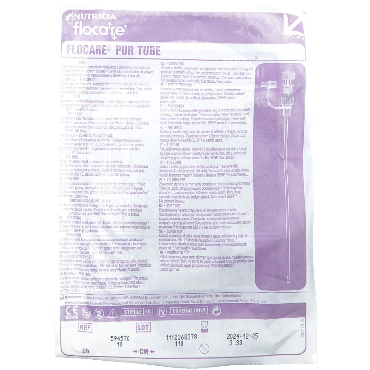 Confezione con sonda di alimentazione. Stampa con nome del prodotto, testo e dati tecnici.