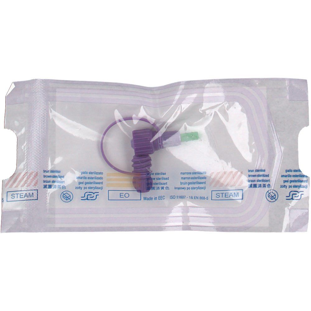 Connettore Flocare® PEG in confezione sterile. Connettore in plastica viola e verde con anello.