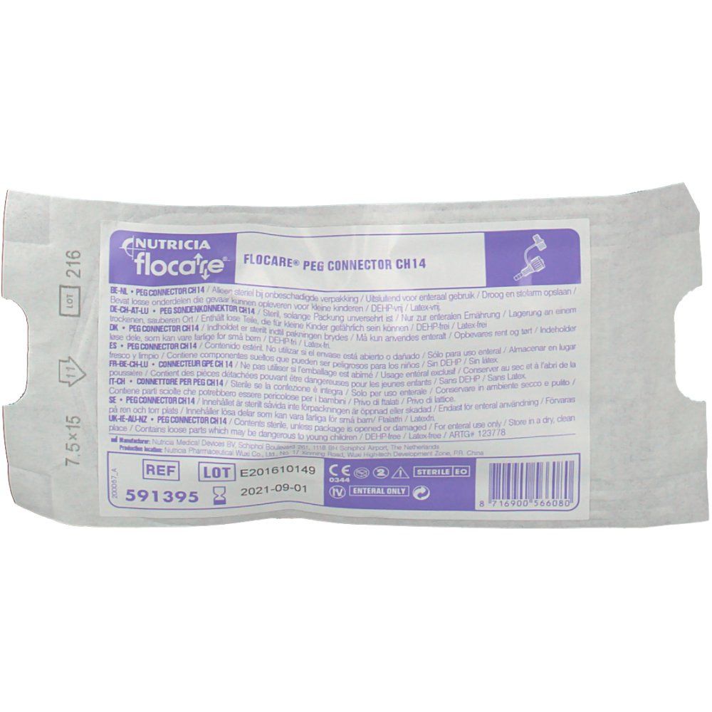 Confezione con Flocare® PEG Connector CH14. Nome del prodotto, numero di lotto, data di scadenza e marchio CE.
