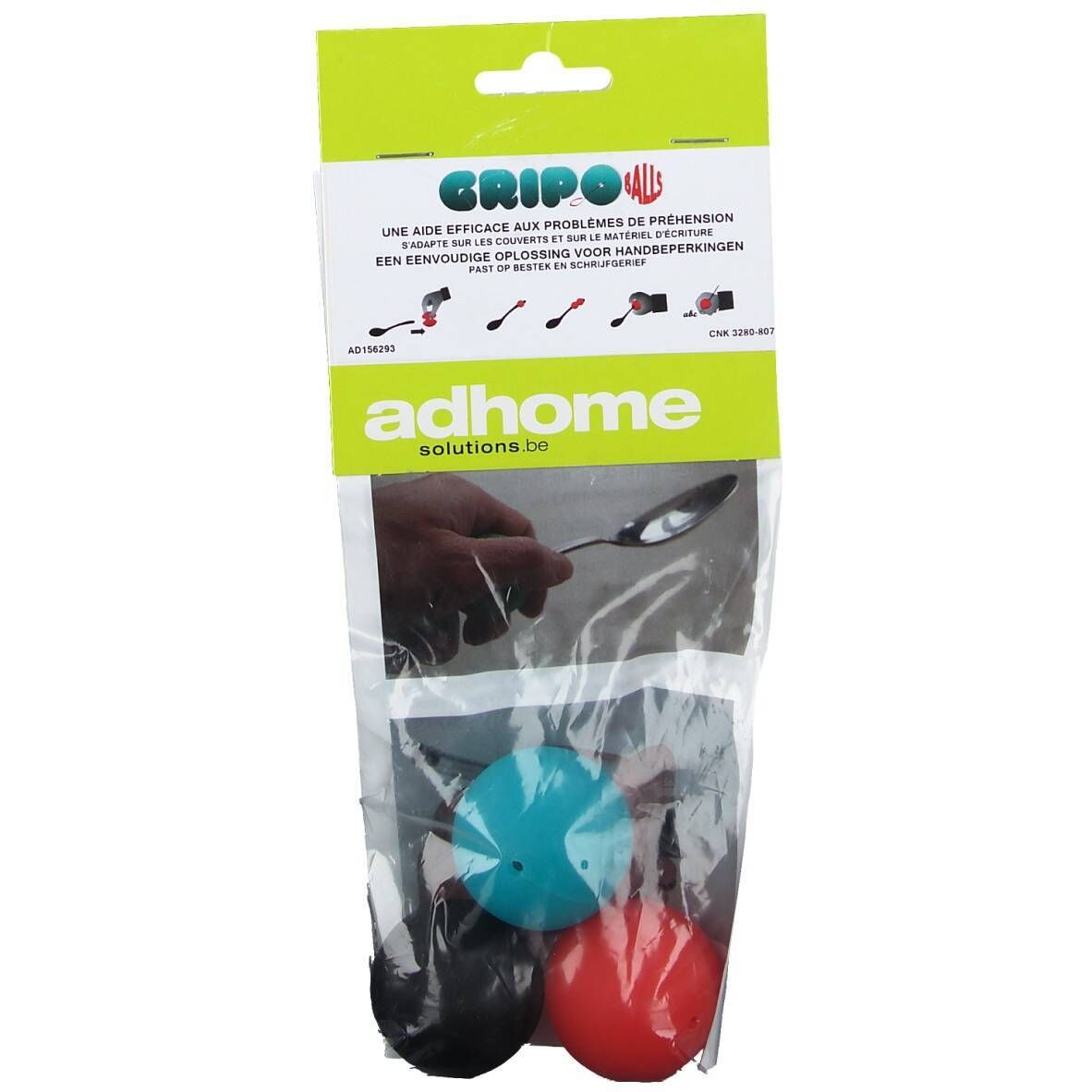 Confezione con tre sfere di presa colorate. La confezione mostra una mano che tiene un cucchiaio. Testo: Gripo, adhome solutions.be.
