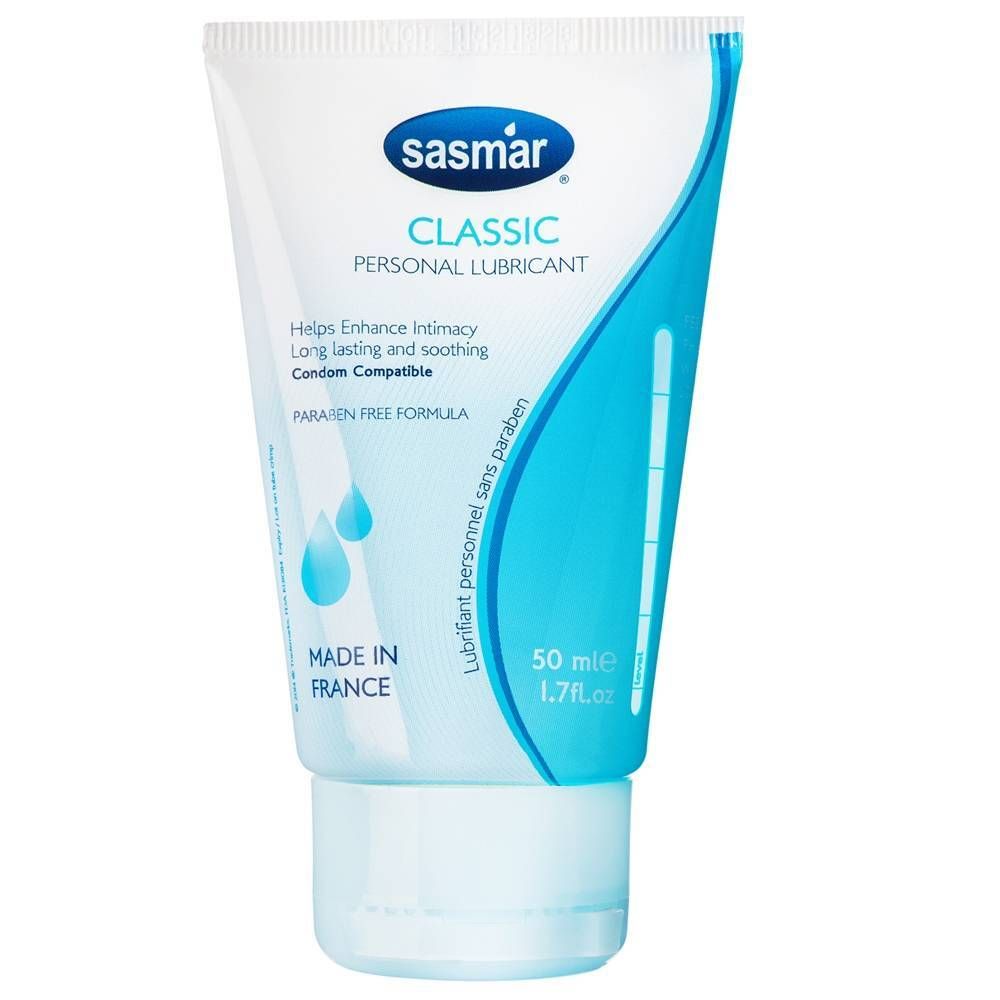 Tubo di "Sasmar Classic Personal Lubricant". Design blu e bianco. Contiene 50 ml. Prodotto in Francia.