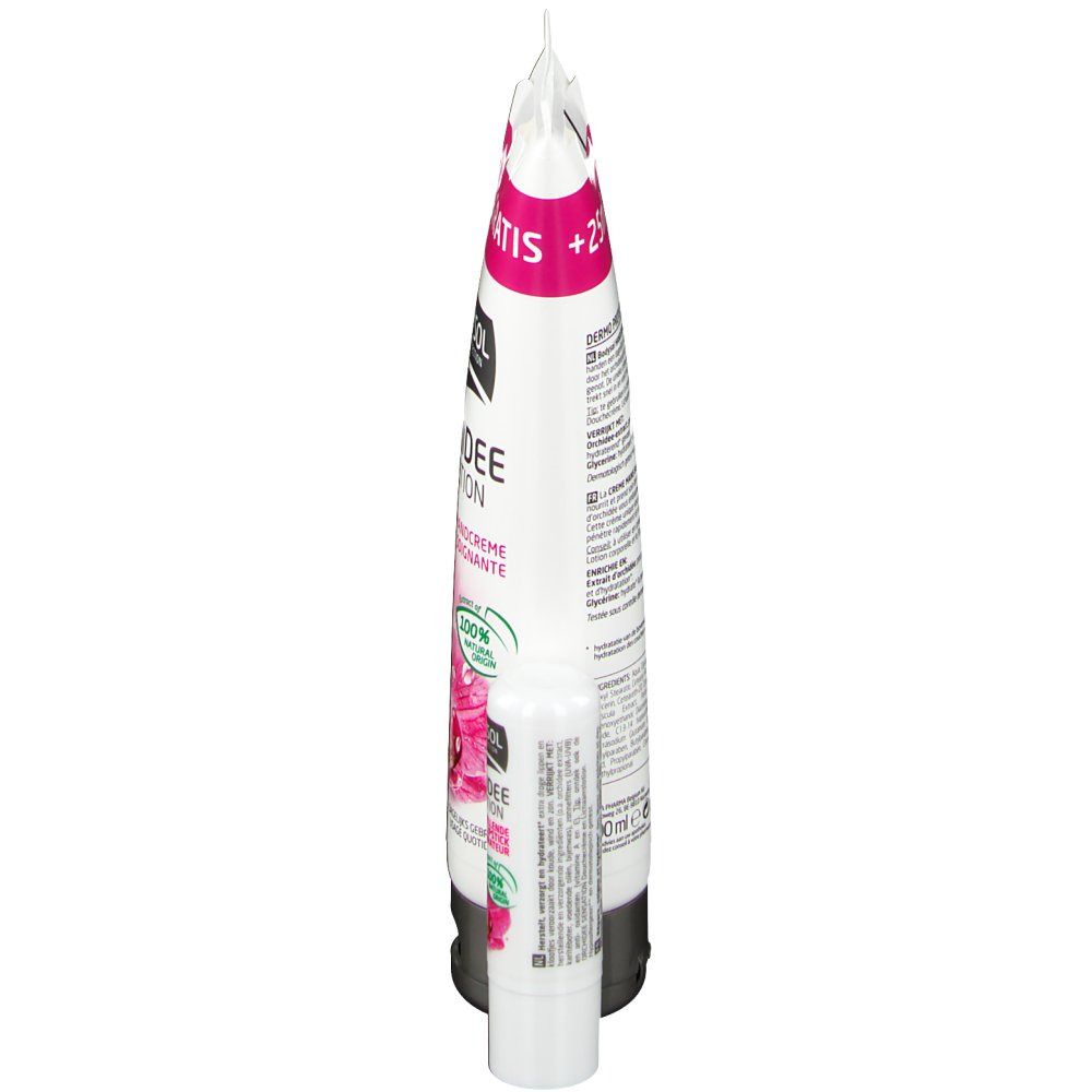 Vista dall'alto del tubo di crema mani e del balsamo labbra. Scritta '+25ml GRATIS' e informazioni sul prodotto.