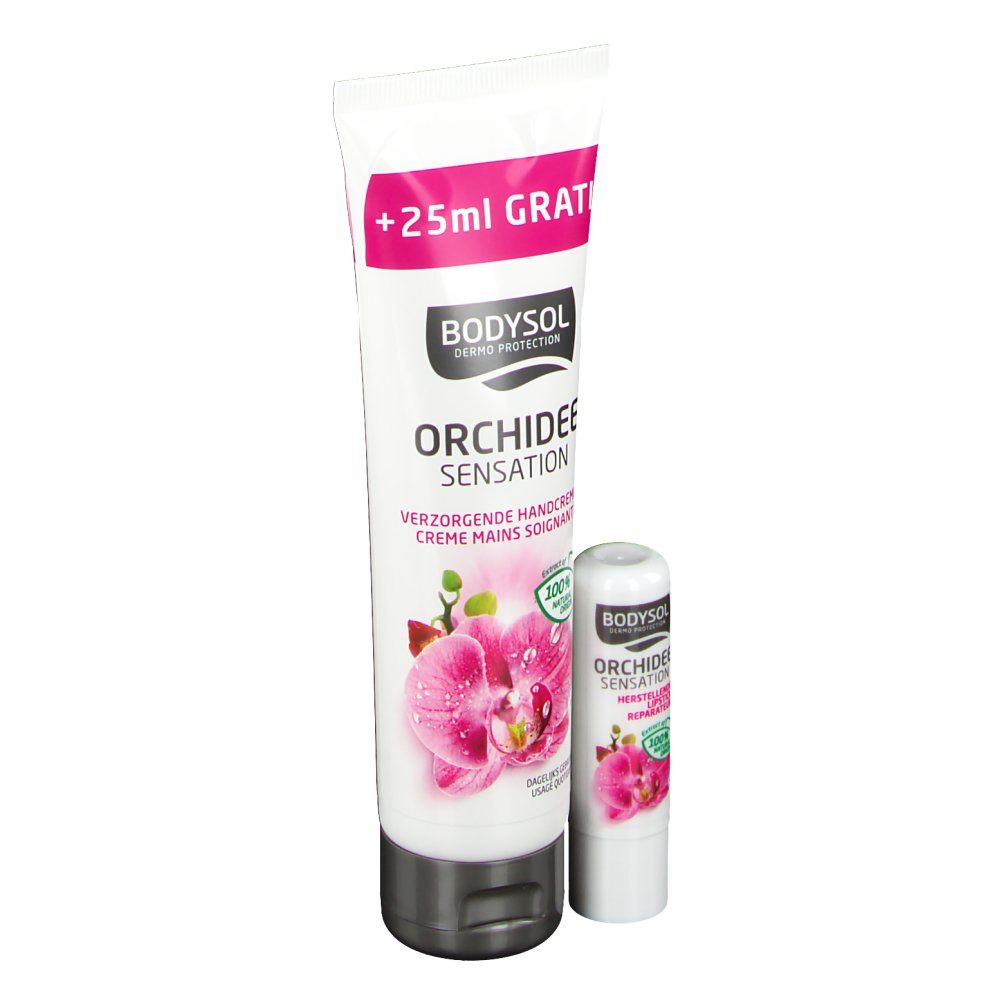 Tubo di crema mani e balsamo labbra. Crema mani con orchidea e '+25ml GRATIS'. Balsamo labbra accanto.