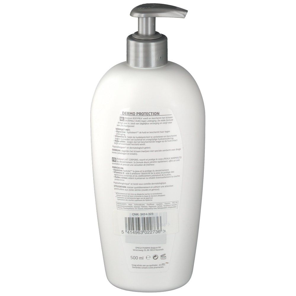 Retro del flacone bianco. Testo: Dermo Protection. Informazioni sul prodotto e ingredienti. Volume: 500 ml.