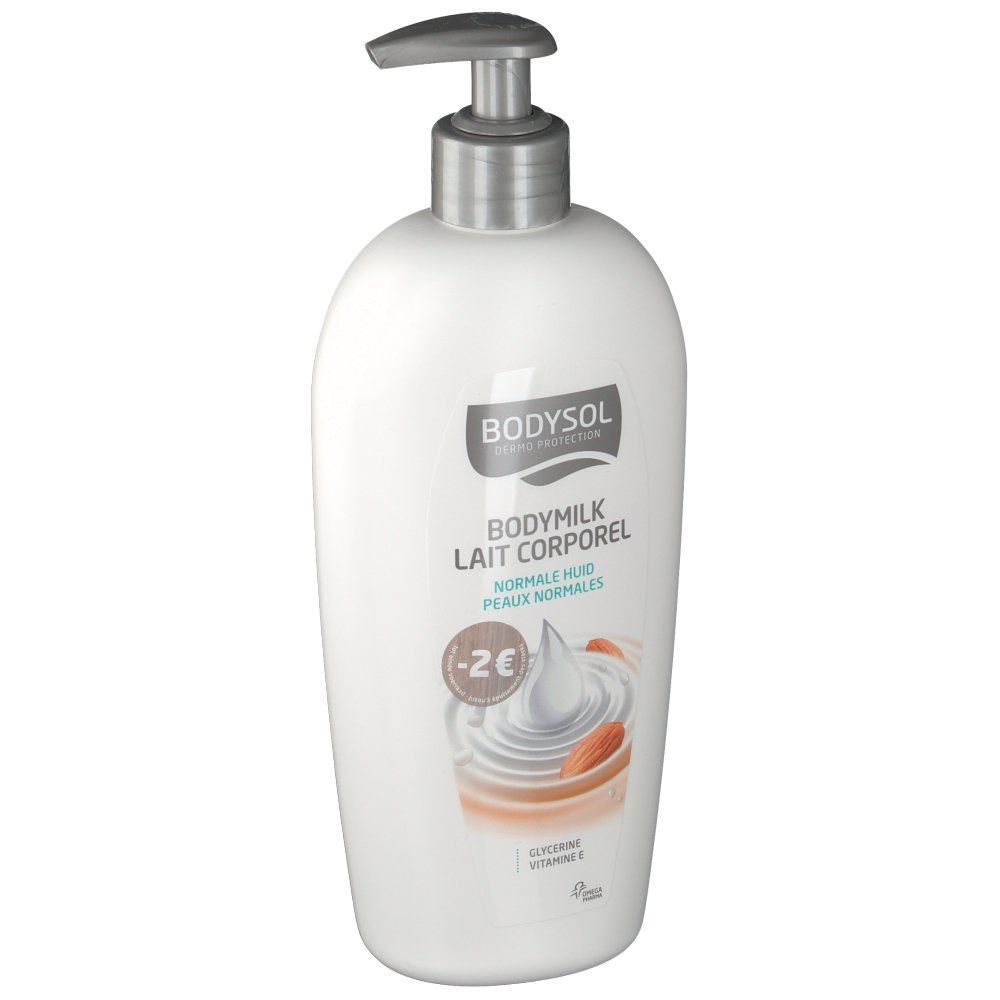 Flacone bianco con dosatore. Scritta: Bodysol Bodymilk Lait Corporel. Per pelli normali. Indicazione sconto: -2€.