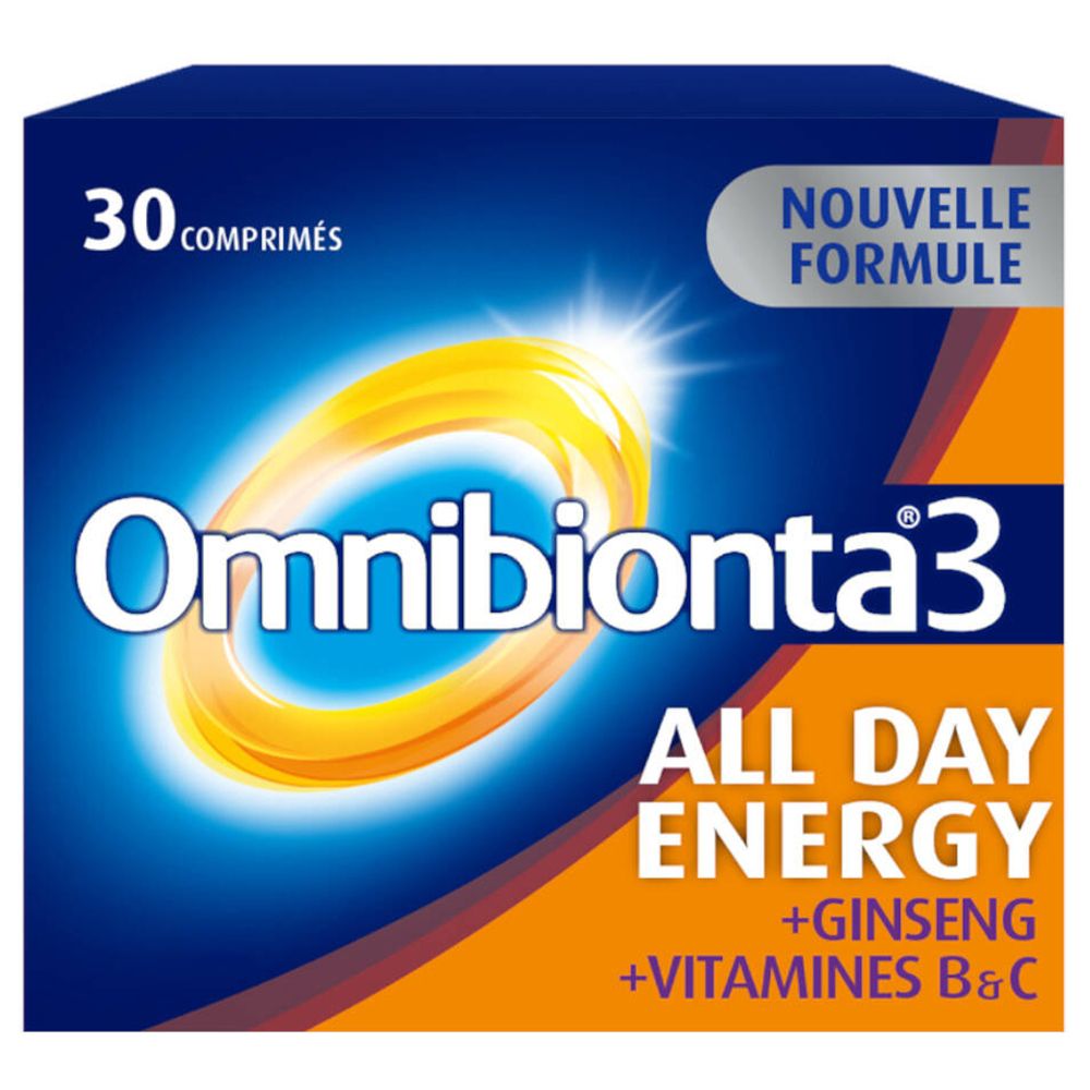 Omnibionta®3 All Day Energy, 30 compresse. Confezione blu e arancione. Contiene ginseng, vitamine B & C.