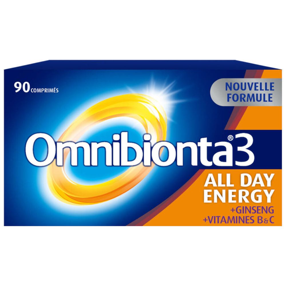 Scatola blu-arancio Omnibionta3 All Day Energy, 90 compresse. Nuova formula.