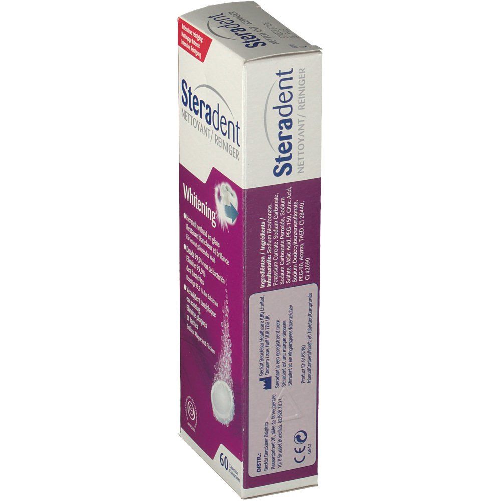 Scatola Steradent Nettoyant/Reiniger Whitening. Scritte: Steradent, Whitening, 60 compresse. Ingredienti e avvertenze.
