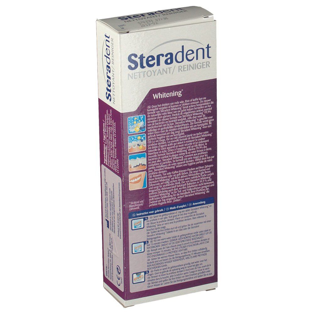 Retro della scatola Steradent Nettoyant/Reiniger Whitening. Testo multilingue. Illustrazioni d'uso.