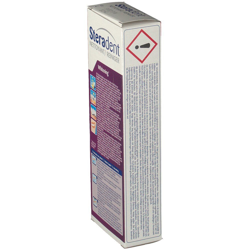 Lato della scatola Steradent Nettoyant/Reiniger Whitening. Testo e simbolo di pericolo. Avvertenze.