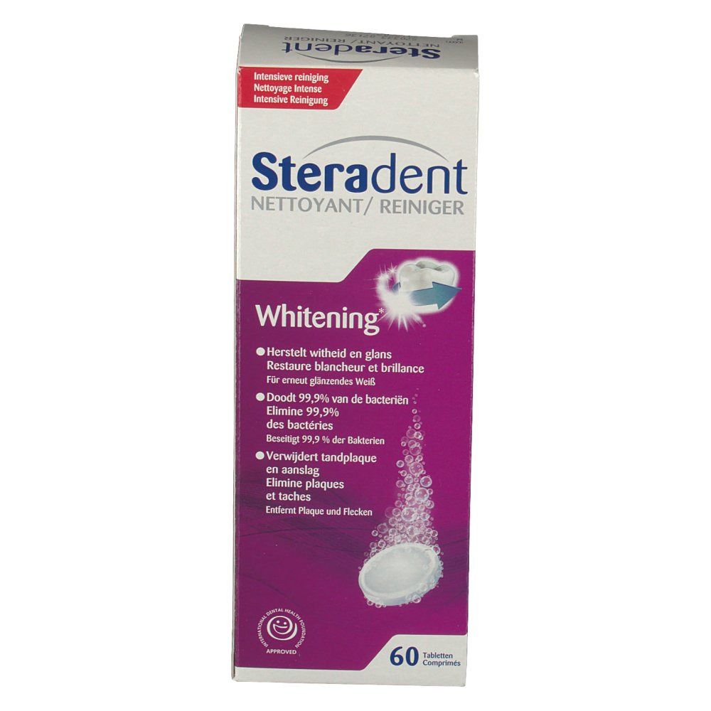 Fronte della scatola Steradent Nettoyant/Reiniger Whitening. Scritte: Steradent, Whitening, 60 compresse. Illustrazioni.