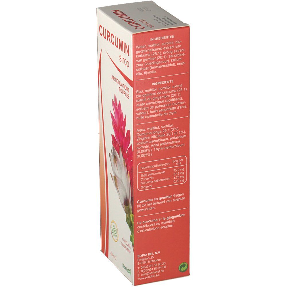 Confezione di sciroppo di curcumina. Scritta: CURCUMIN siroop. Elenco ingredienti e informazioni nutrizionali. Illustrazione floreale.