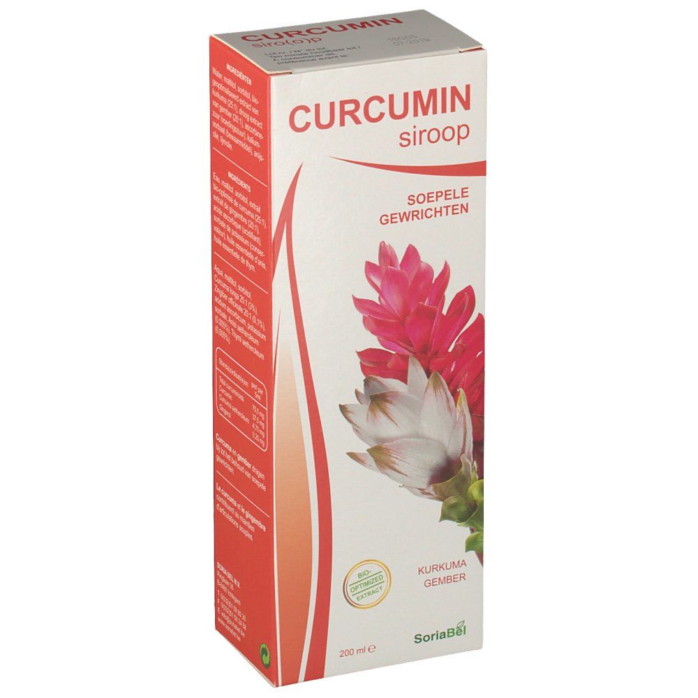 Confezione di sciroppo di curcumina. Scritta: CURCUMIN siroop, Soepele gewrichten. Illustrazione floreale.