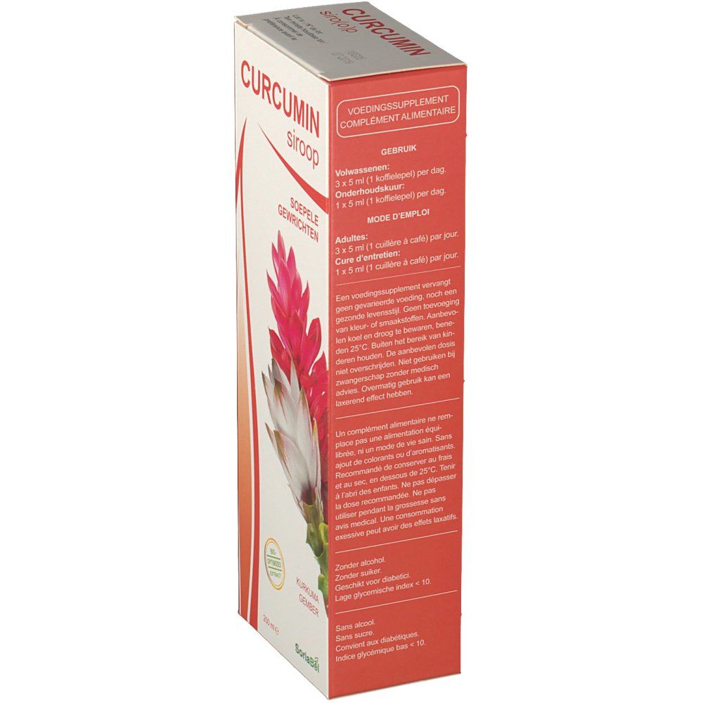 Confezione di sciroppo di curcumina. Scritta: CURCUMIN siroop, Integratore alimentare. Istruzioni per l'uso. Illustrazione floreale.
