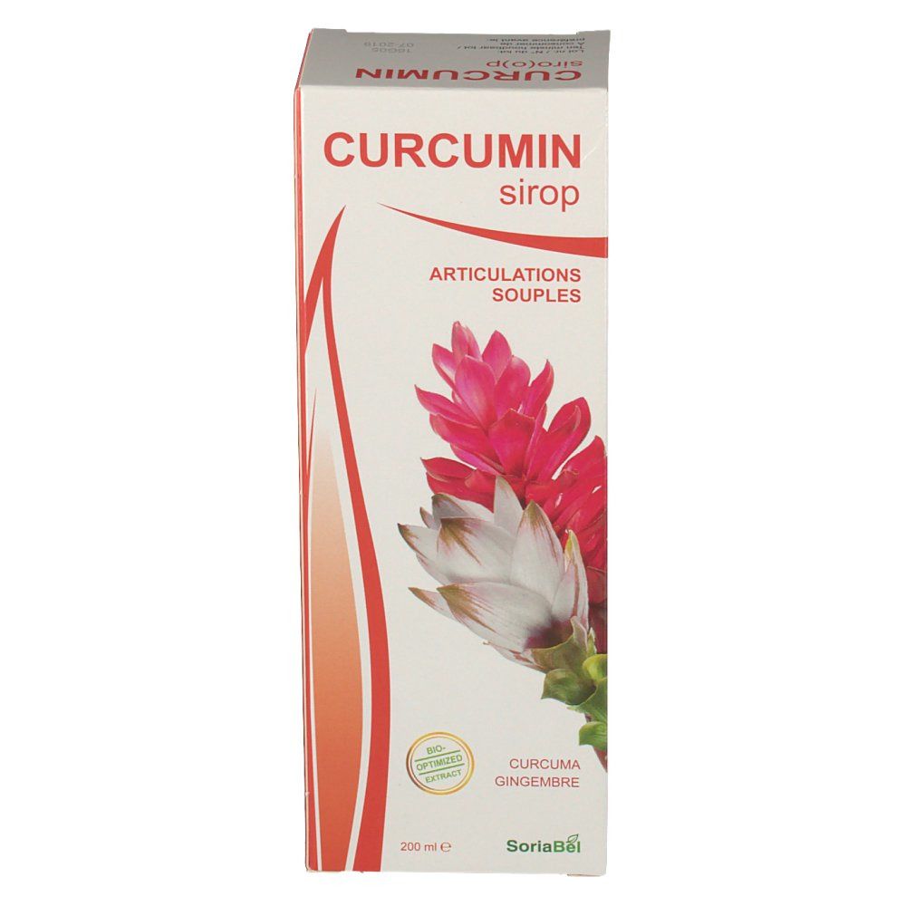 Confezione di sciroppo di curcumina. Scritta: CURCUMIN siroop, Articulations souples. Illustrazione floreale. 200 ml.