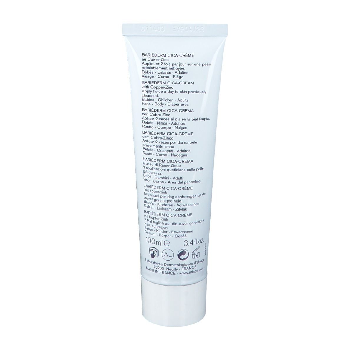 Tubo bianco con BARIEDERM CICA CREME e formula Rame-Zinco. 100ml.