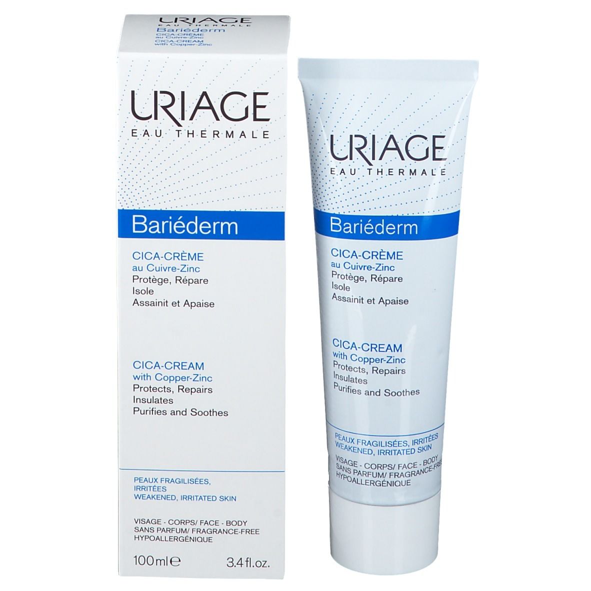 Uriage Bariéderm CICA-Crema con Rame-Zinco. Tubo e scatola da 100ml.