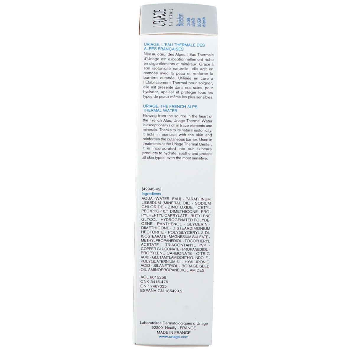 Confezione di acqua termale Uriage con elenco ingredienti e istruzioni per l'uso.
