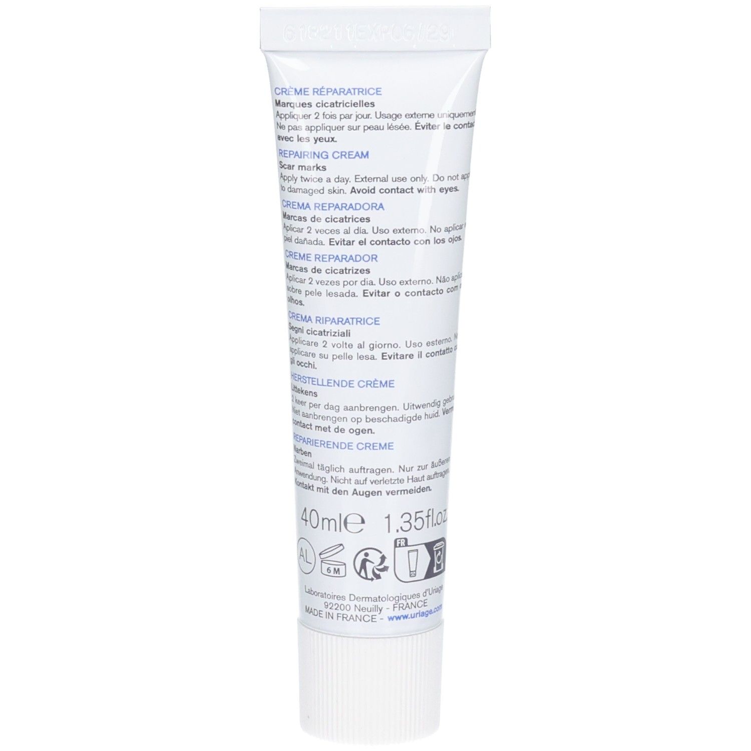 Tubo di crema Uriage BARIÉDERM Cica. Tubo bianco con testo blu. Contiene logo e informazioni.