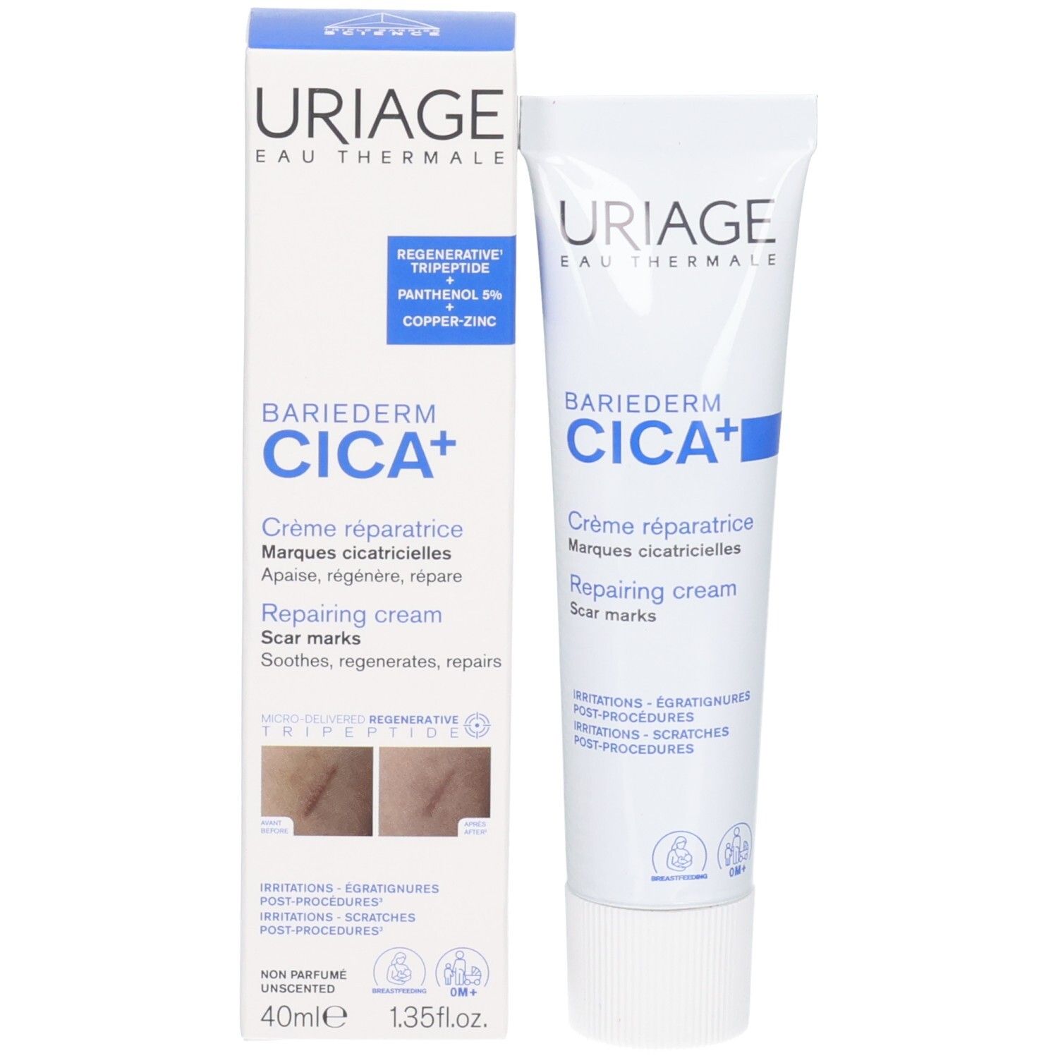 Tubo di crema Uriage BARIÉDERM Cica. Tubo bianco con testo blu. Contiene logo e informazioni.